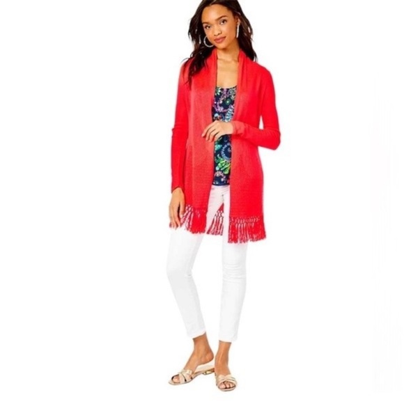 NWT Lilly Pulitzer Tatum Long Fringe Hem Cardigan SZ S Ruby Red Metallic - Picture 2 of 16
